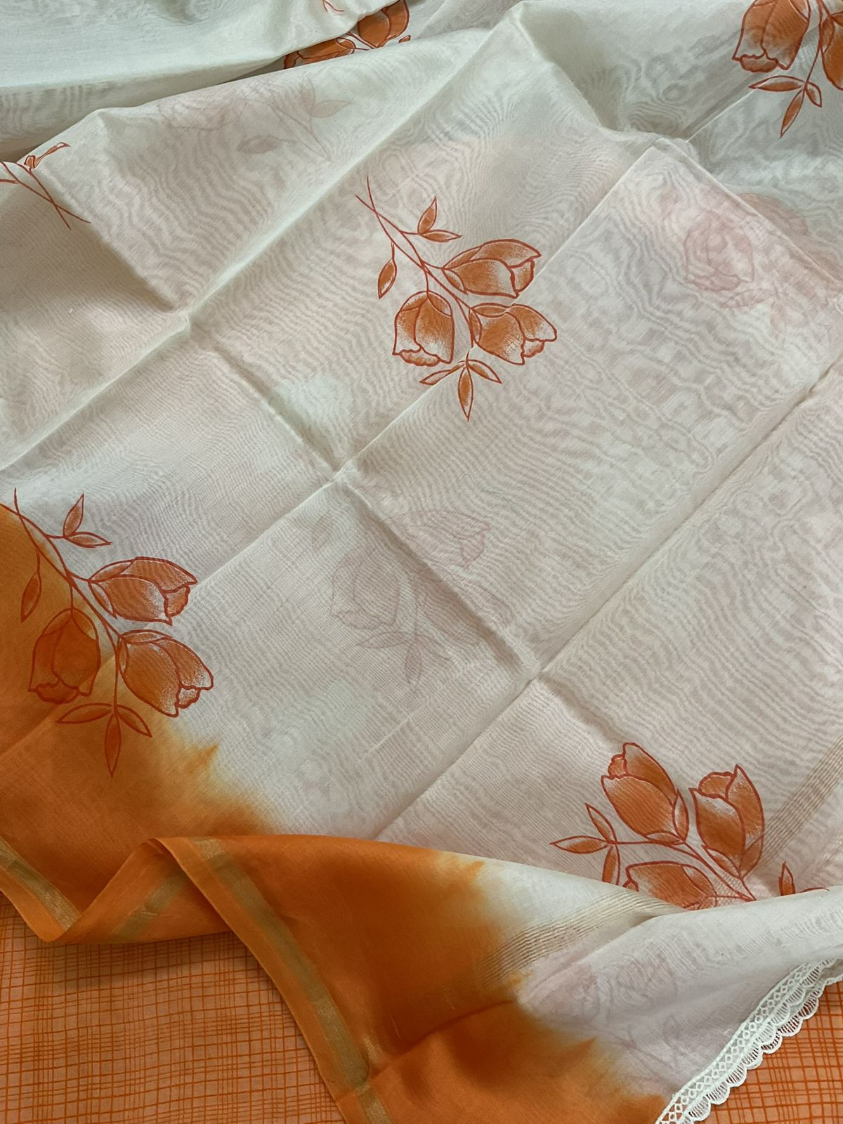 Pure Chanderi Printed Embroidered Suit - Orange
