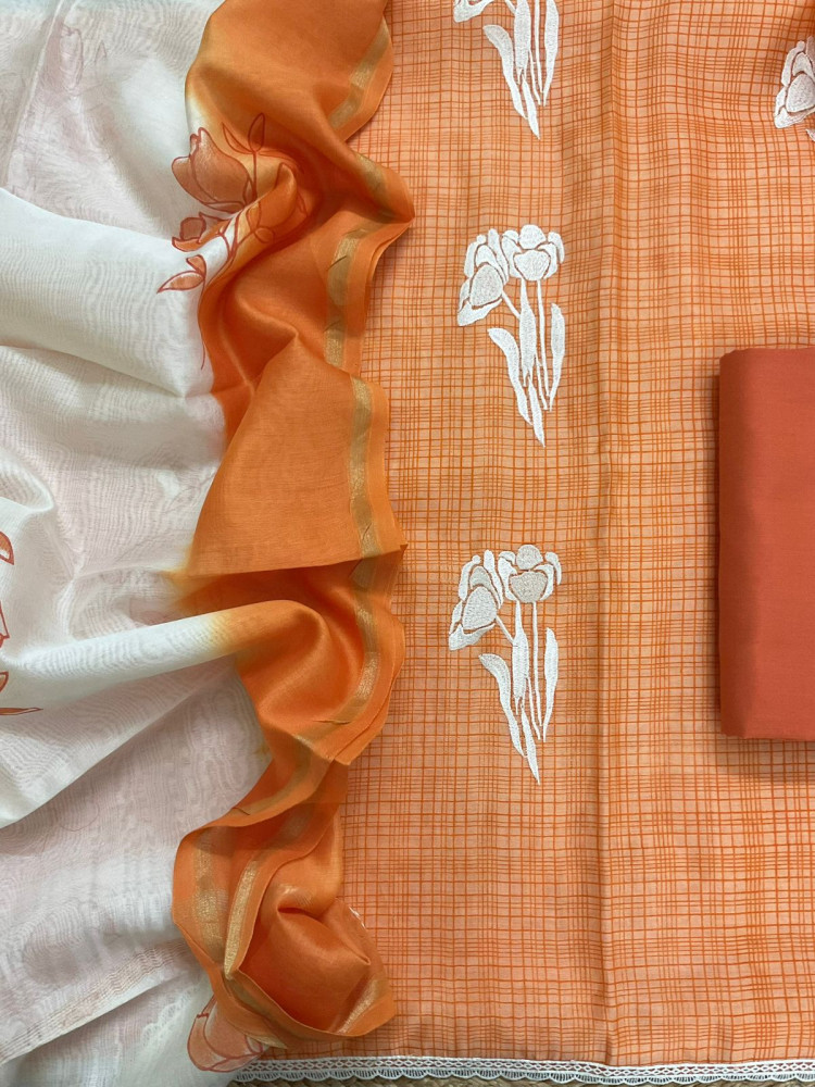 Image of Pure Chanderi Printed Embroidered Suit - Orange