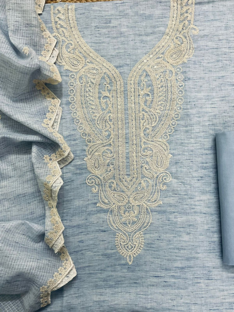 Image of Pure Fine Handloom Cotton Embroidered Suit - Blue