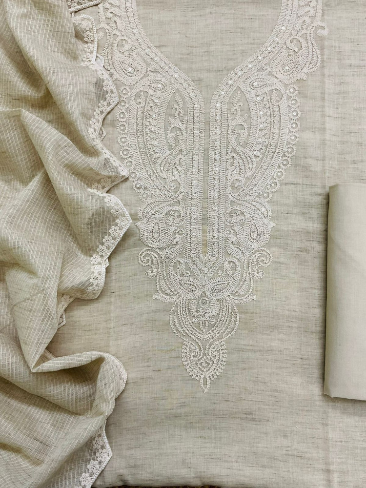 Image of Pure Fine Handloom Cotton Embroidered Suit - Beige