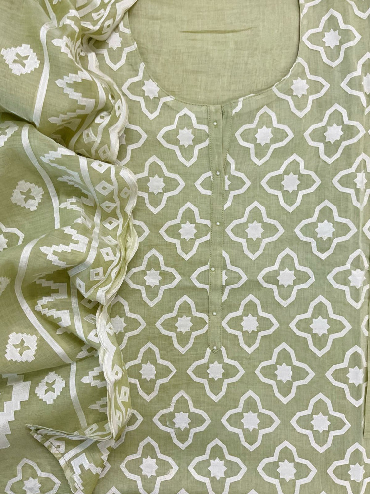 Image of Pure Mul Chanderi Appliqué Work Suit - Green