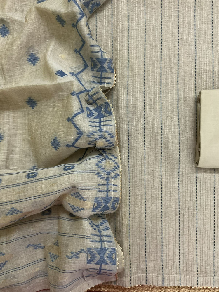 Image of Soft Fine Slub Chanderi Jamdani Weaved Embroidered Suit - Beige