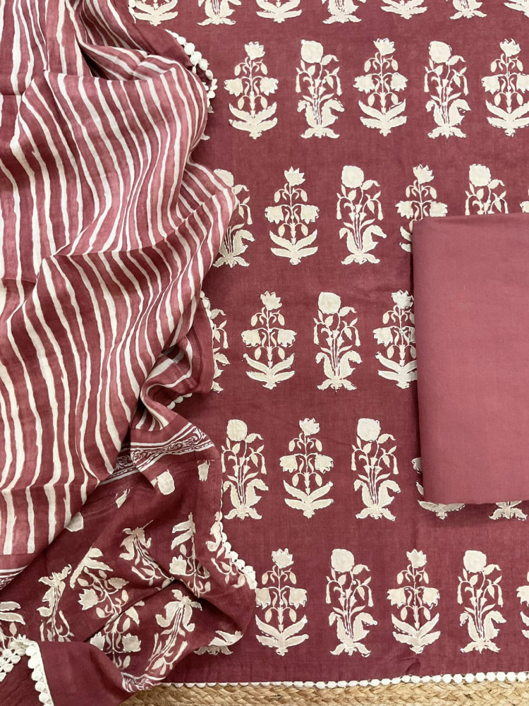 Image of Pure Cotton Printed Embroidered Suit - Maroon