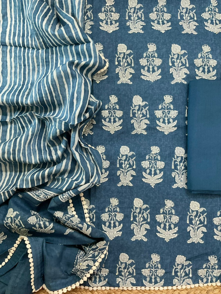 Image of Pure Cotton Printed Embroidered Suit - Blue