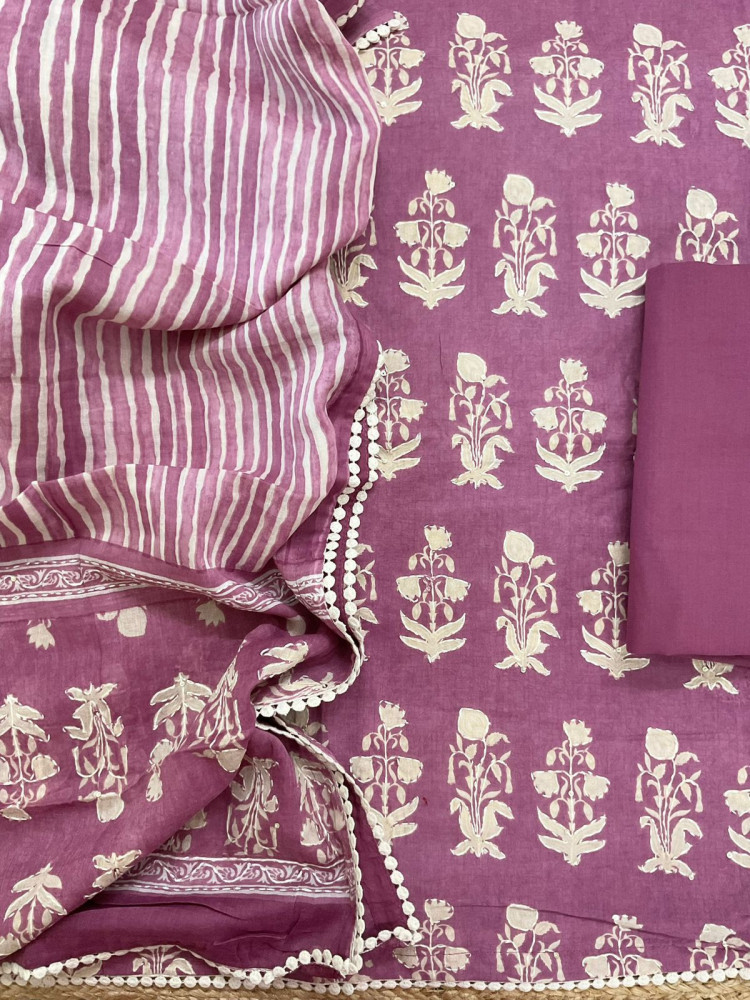 Image of Pure Cotton Printed Embroidered Suit - Wine