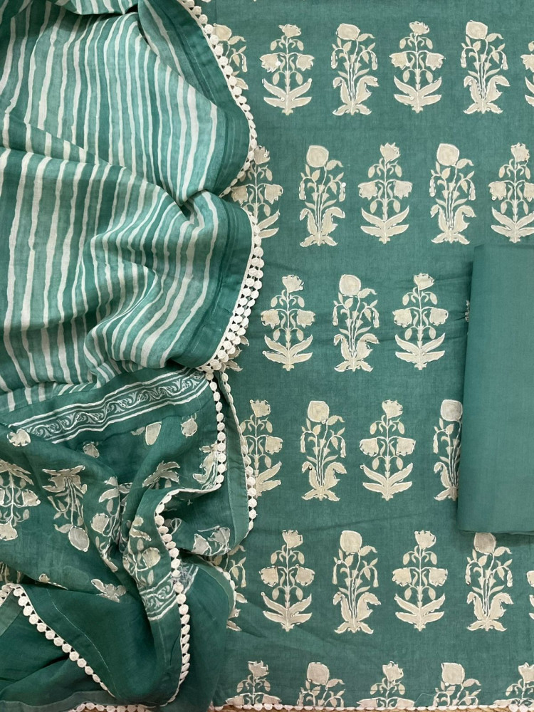 Image of Pure Cotton Printed Embroidered Suit - Green