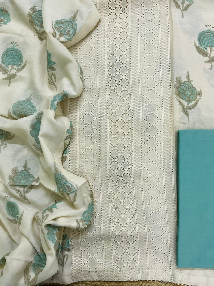 Image of Pure Muslin Printed Embroidered Suit - Cream