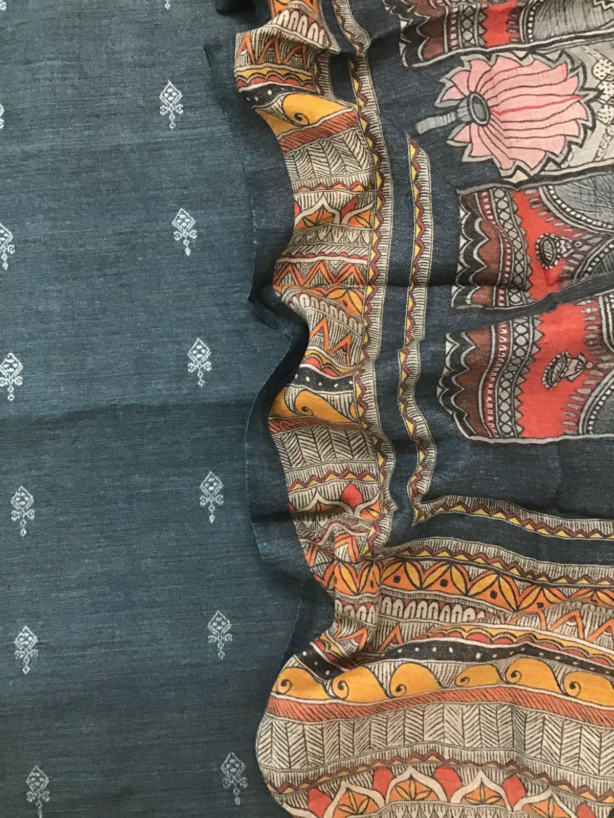 Soft Woollen Basbara Cotton Silk Self Weaved Printed Suit - Grey