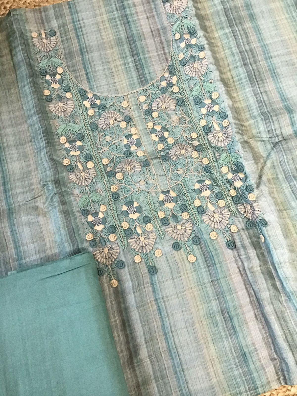 Soft Semi Tussar Printed Embroidered Suit - Green