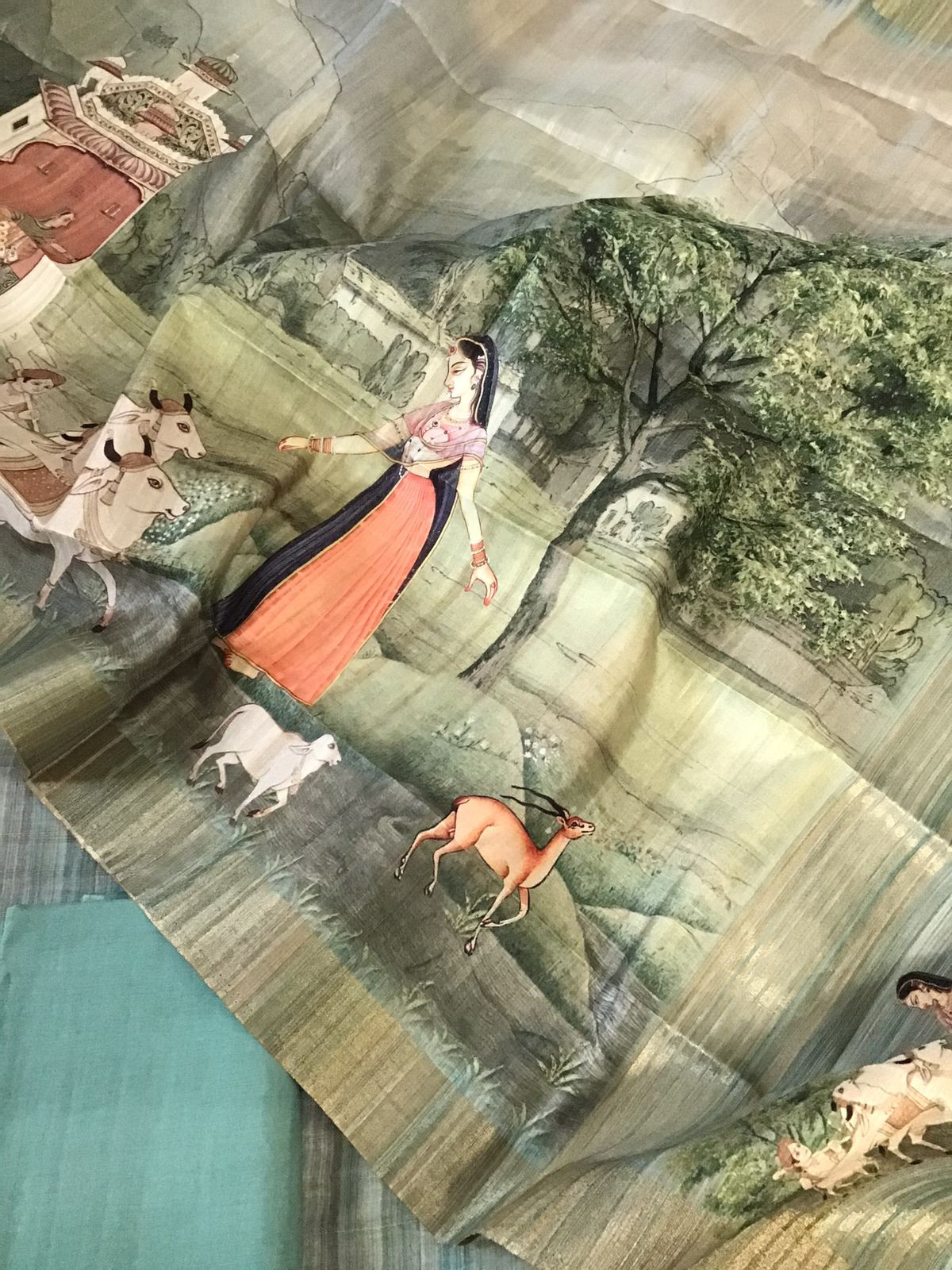 Soft Semi Tussar Printed Embroidered Suit - Green