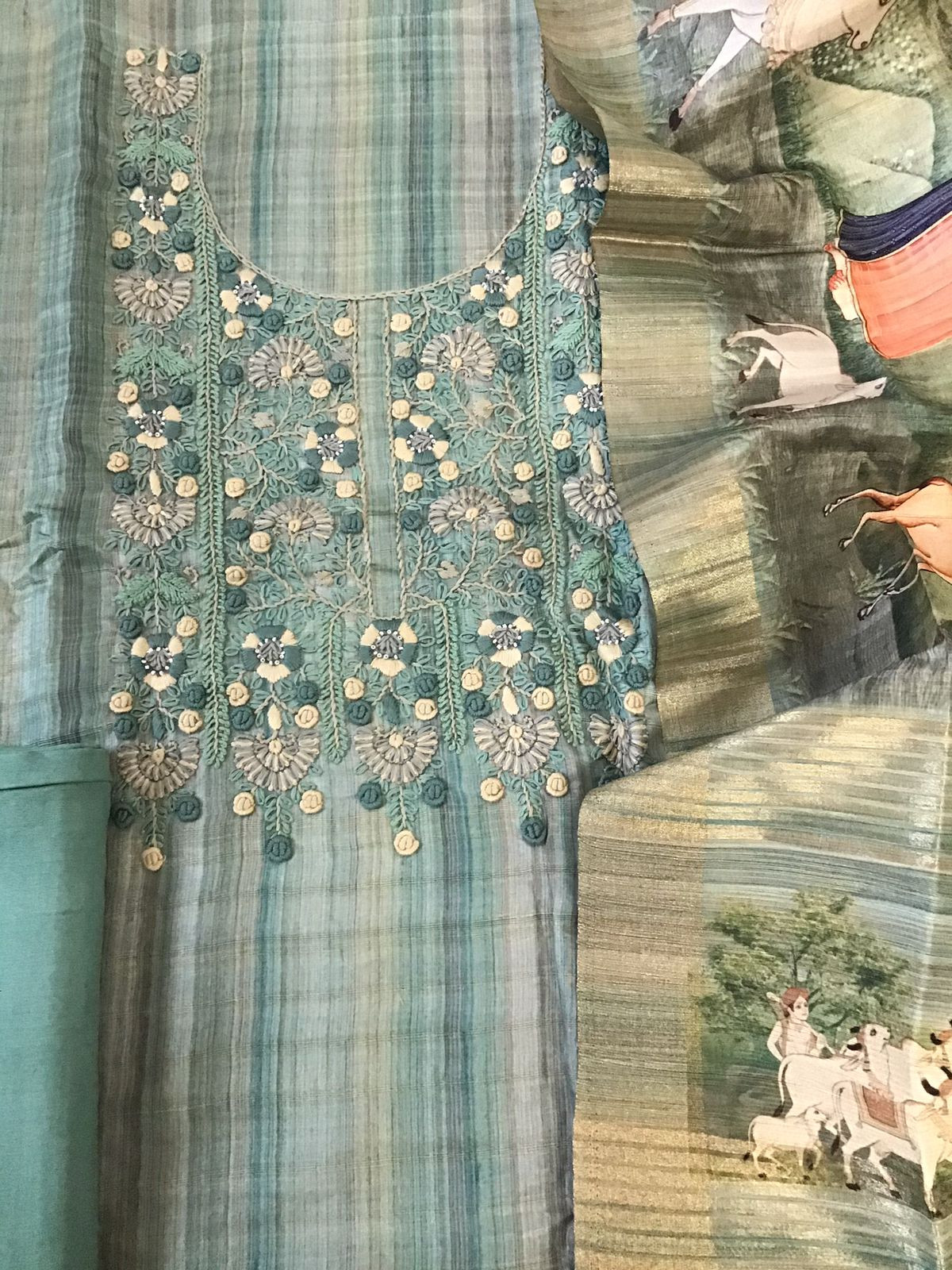 Soft Semi Tussar Printed Embroidered Suit - Green