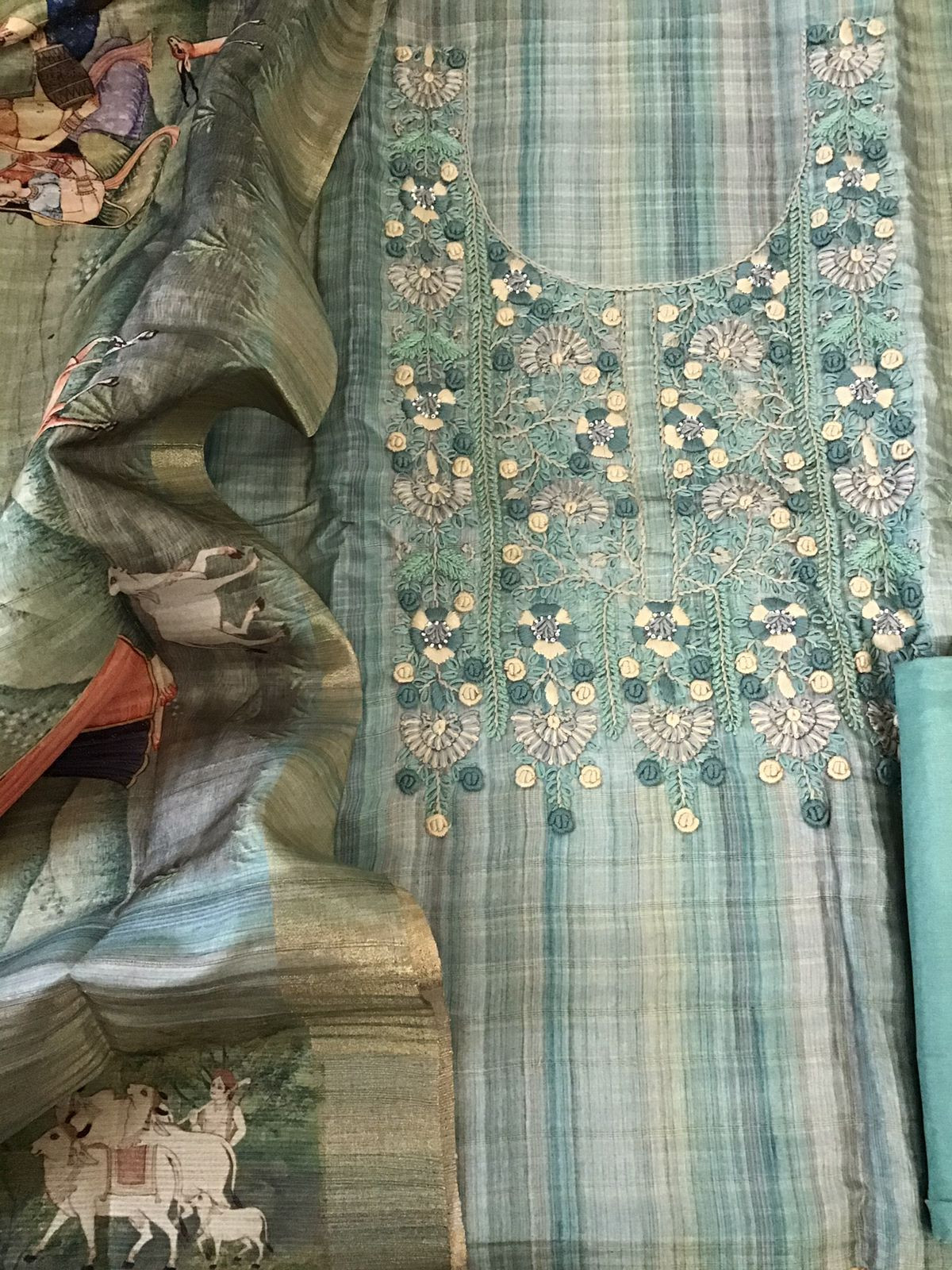 Soft Semi Tussar Printed Embroidered Suit - Green