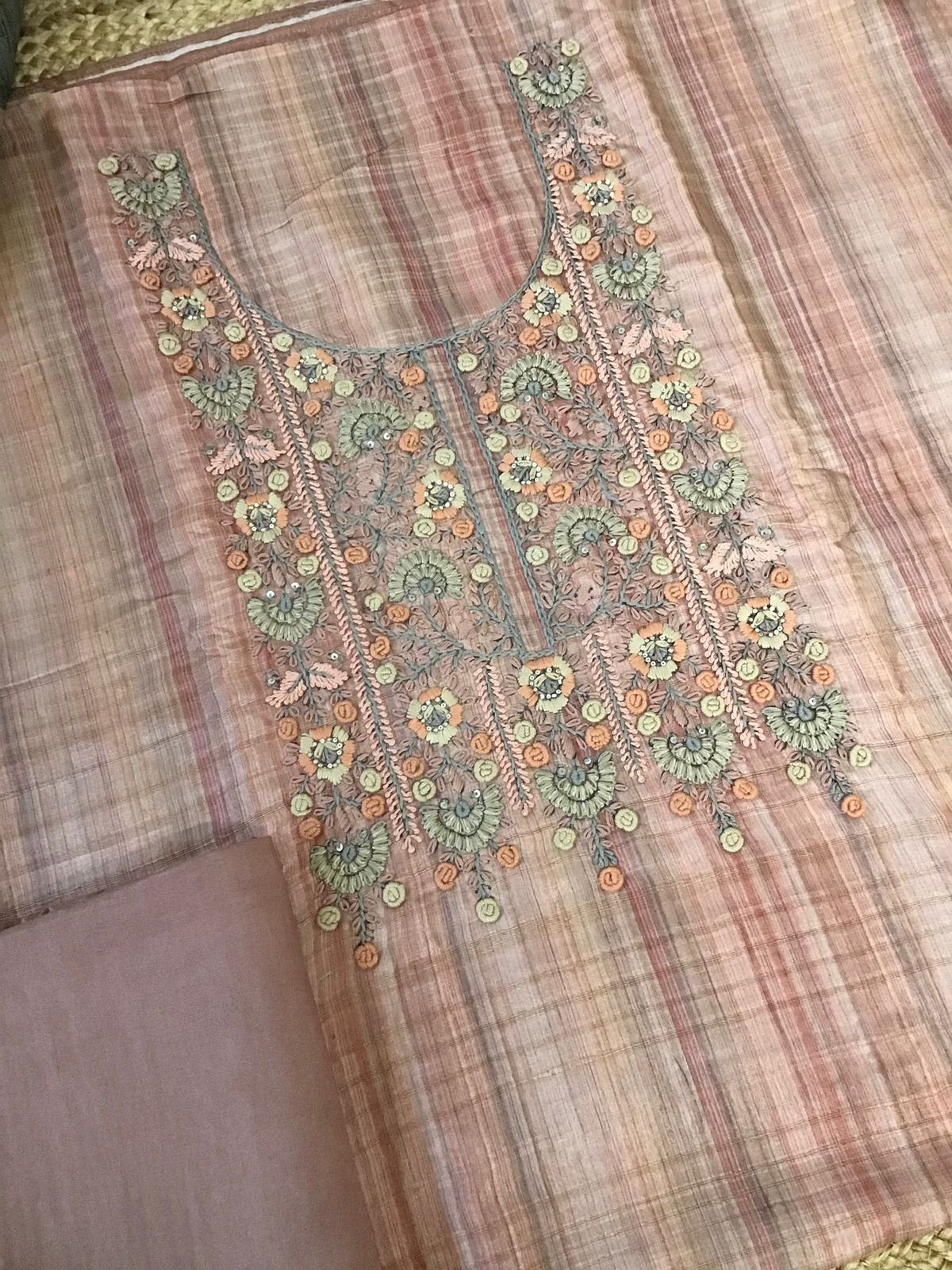 Soft Semi Tussar Printed Embroidered Suit - Peach
