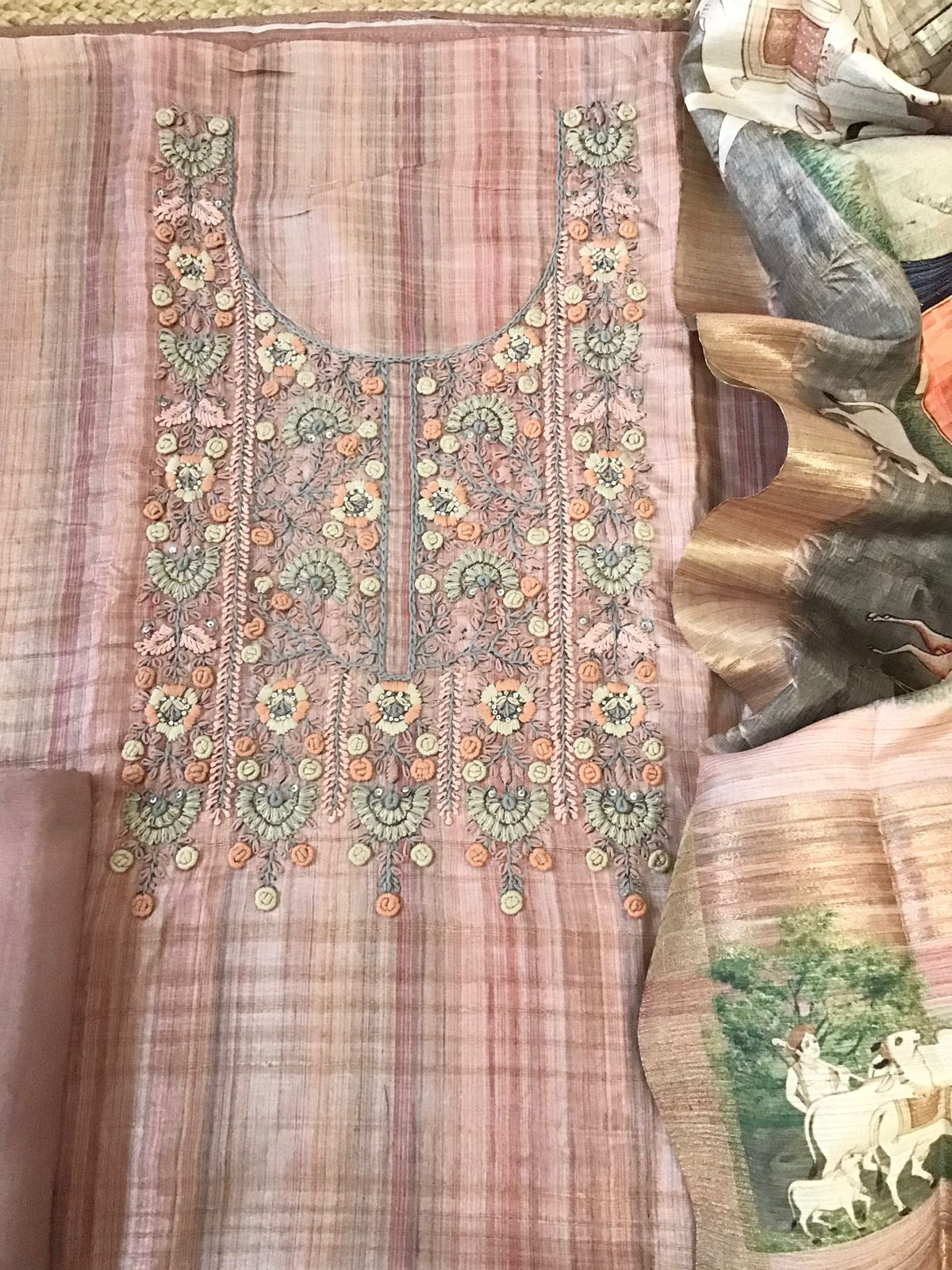 Soft Semi Tussar Printed Embroidered Suit - Peach