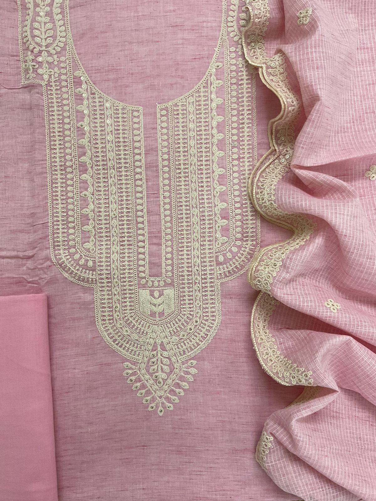 Pure Fine Handloom Cotton Embroidered Suit - Pink
