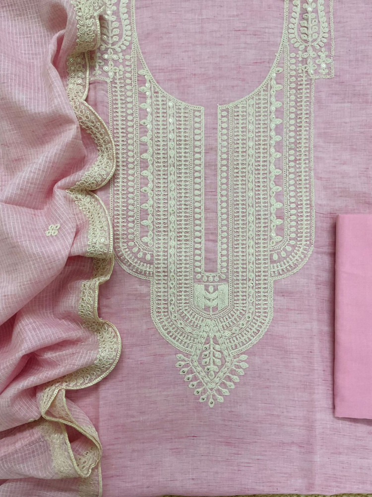 Image of Pure Fine Handloom Cotton Embroidered Suit - Pink