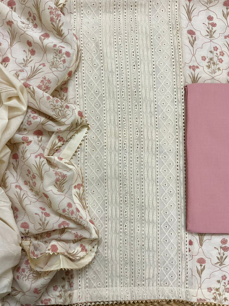 Image of Pure Muslin Printed Embroidered Suit - Cream