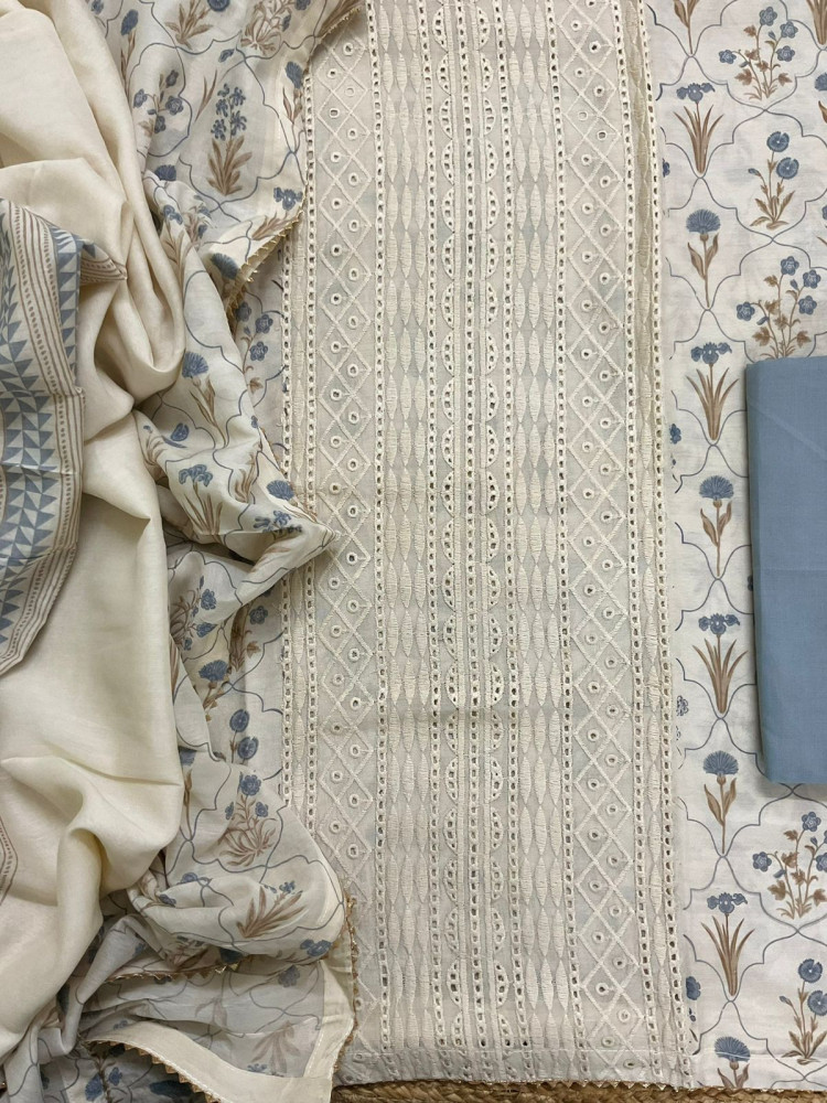 Image of Pure Muslin Printed Embroidered Suit - Cream