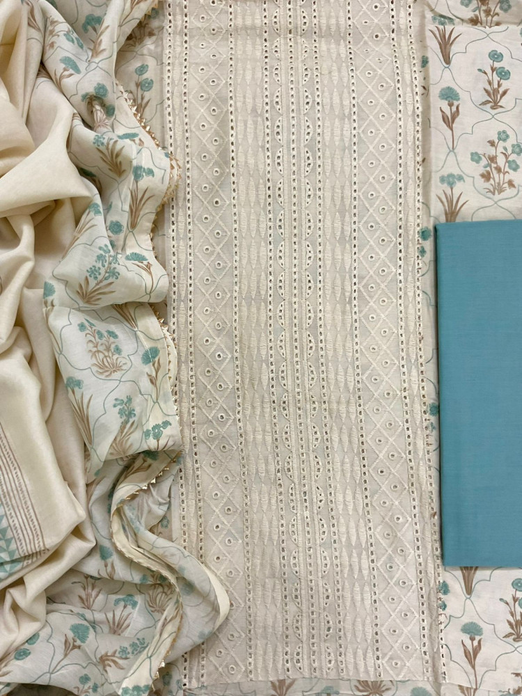 Image of Pure Muslin Printed Embroidered Suit - Cream