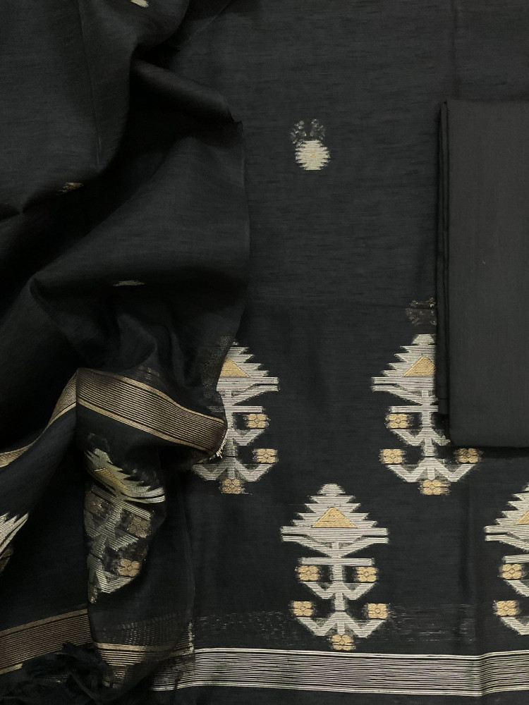 Image of Soft Slub Chanderi Jamdani Weaved Suit - Black