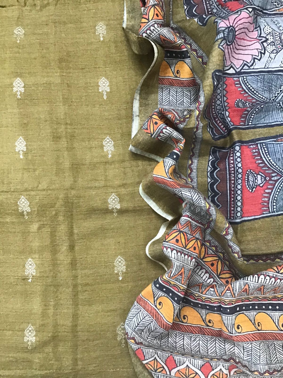 Soft Woollen Basbara Cotton Silk Self Weaved Printed Suit - Mustard Yellow