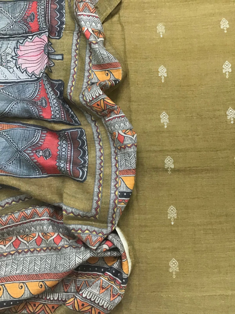 Image of Soft Woollen Basbara Cotton Silk Self Weaved Printed Suit - Mustard Yellow