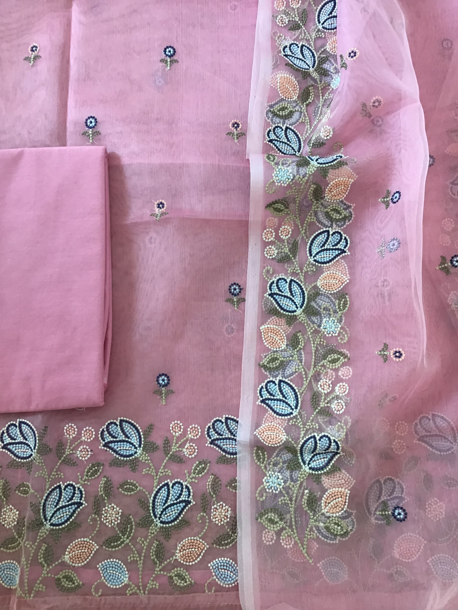 Soft Semi Organza Embroidered Suit - Pink