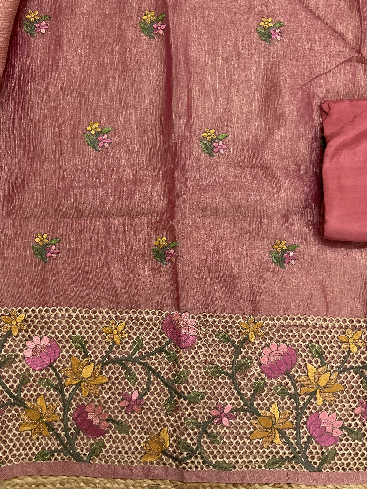 Soft Crushed Tissue  Embroidered Suit - Pink