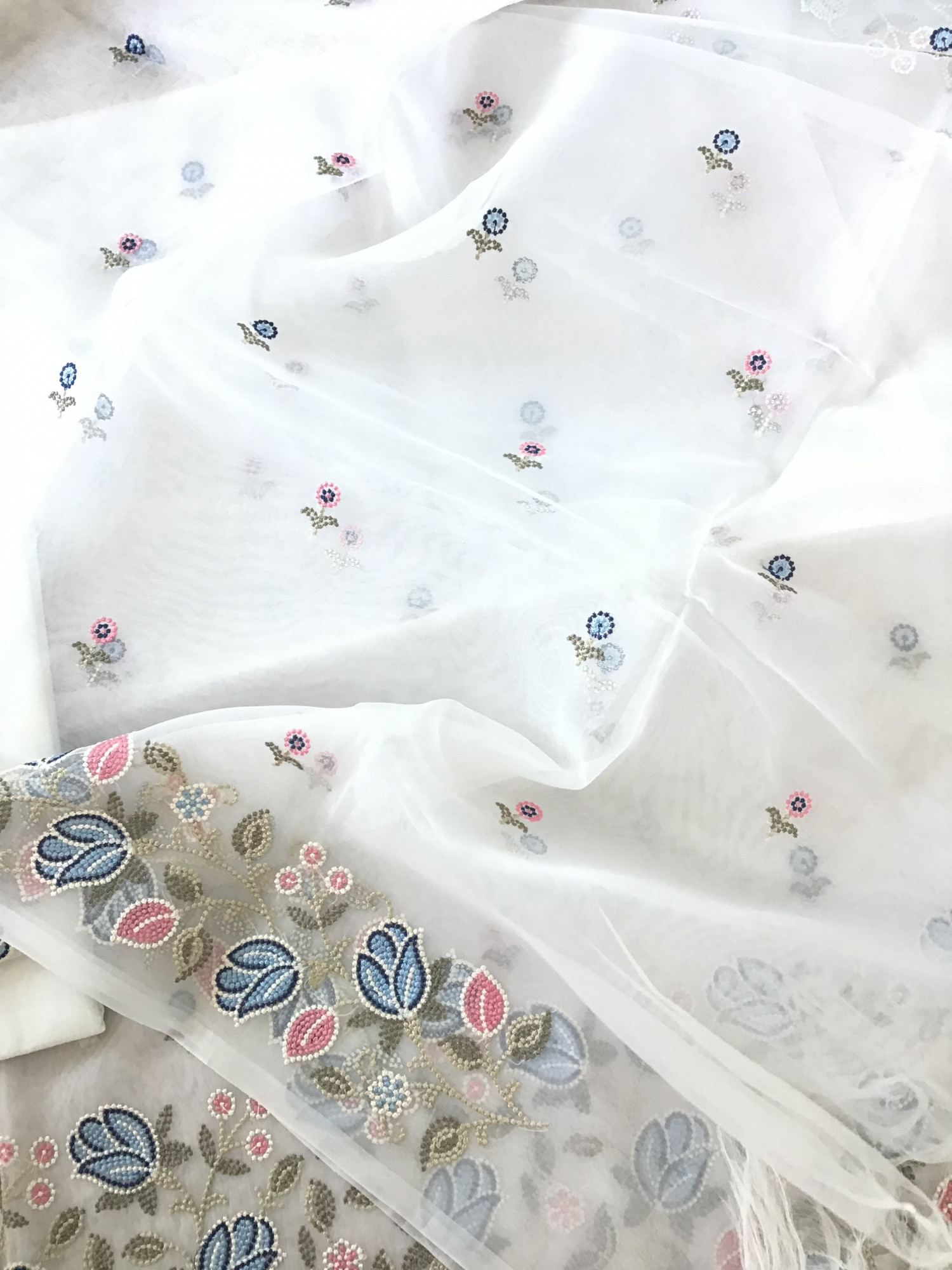 Soft Semi Organza Embroidered Suit - White