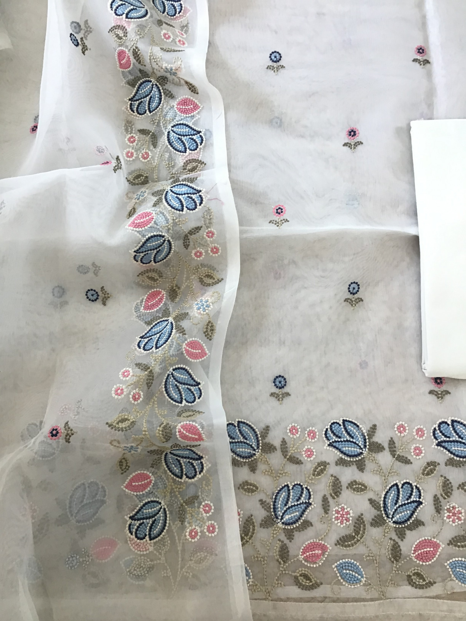 Soft Semi Organza Embroidered Suit - White