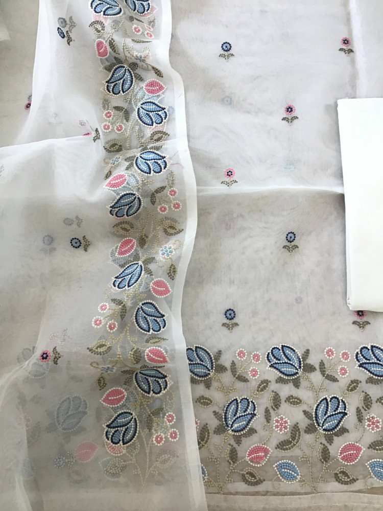 Image of Soft Semi Organza Embroidered Suit - White