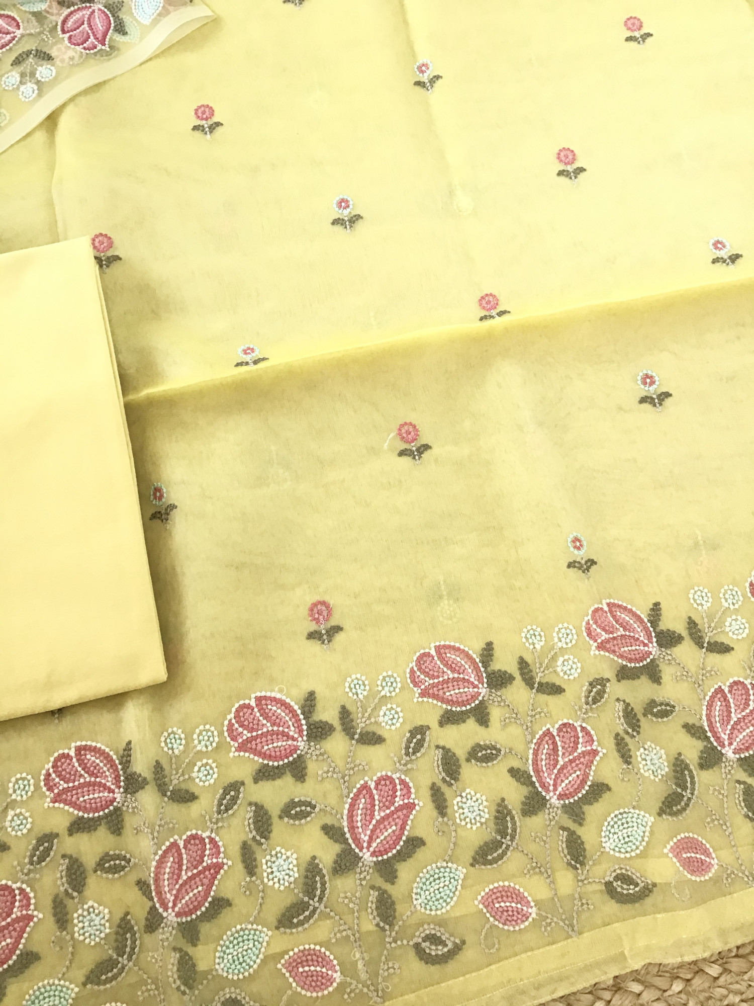 Soft Semi Organza Embroidered Suit - Yellow