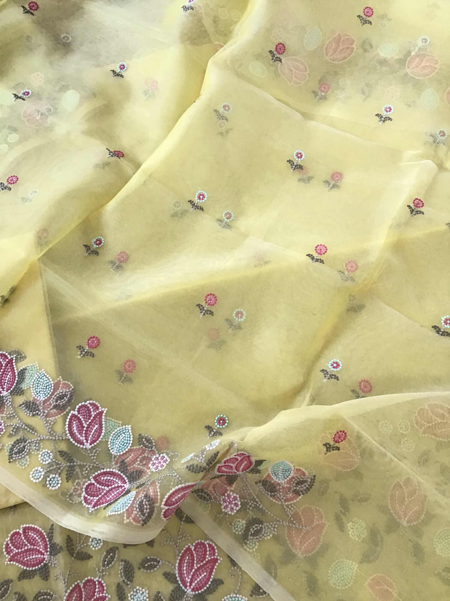 Soft Semi Organza Embroidered Suit - Yellow