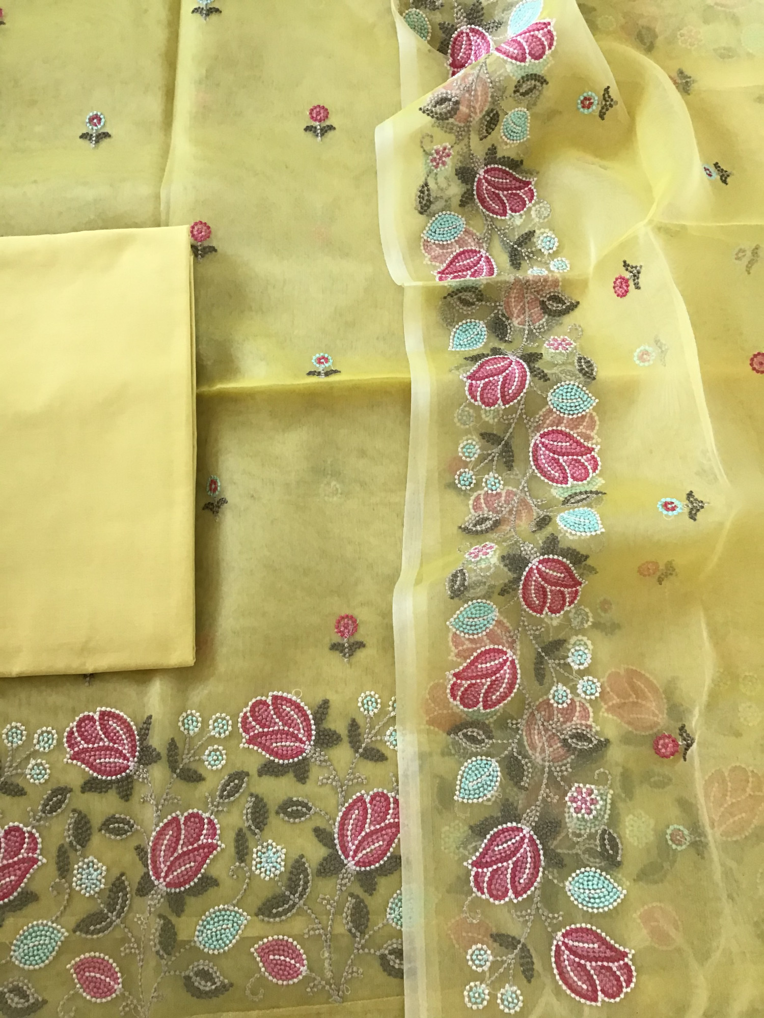 Soft Semi Organza Embroidered Suit - Yellow