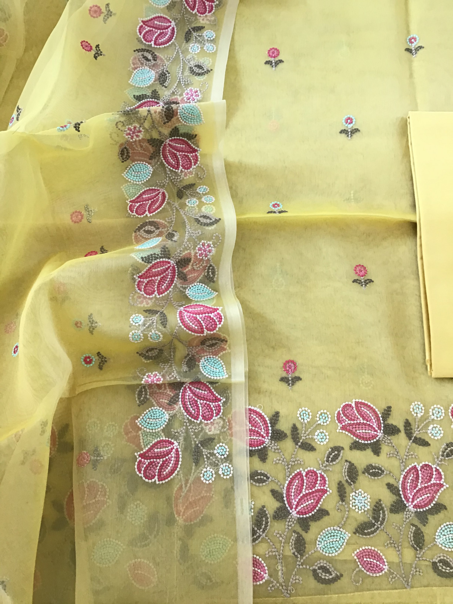 Soft Semi Organza Embroidered Suit - Yellow