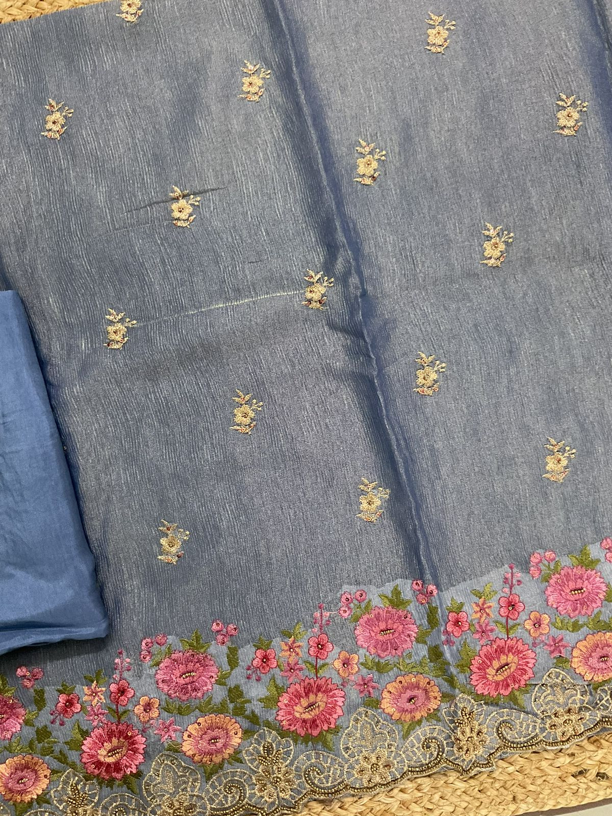 Soft Crushed Tissue   Embroidered Suit - Blue