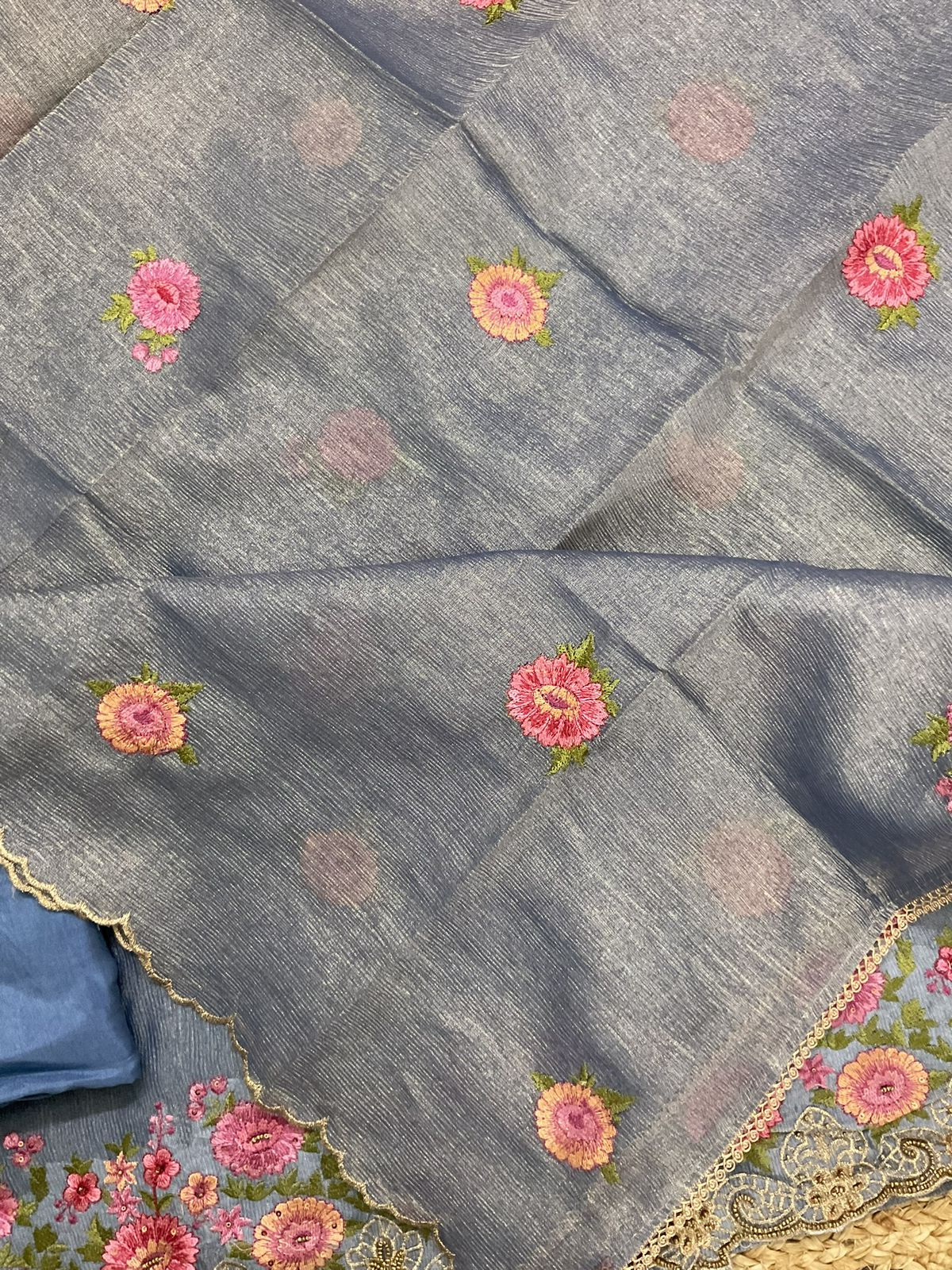Soft Crushed Tissue   Embroidered Suit - Blue