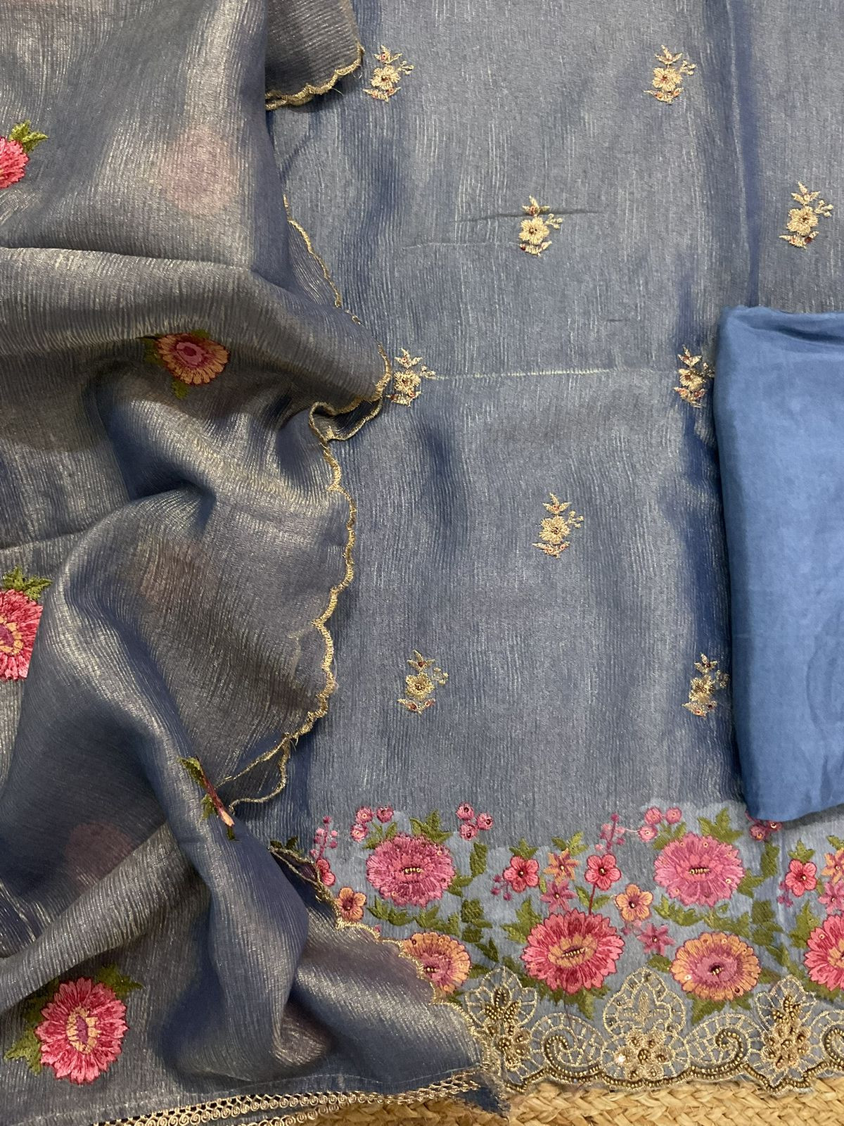 Soft Crushed Tissue   Embroidered Suit - Blue