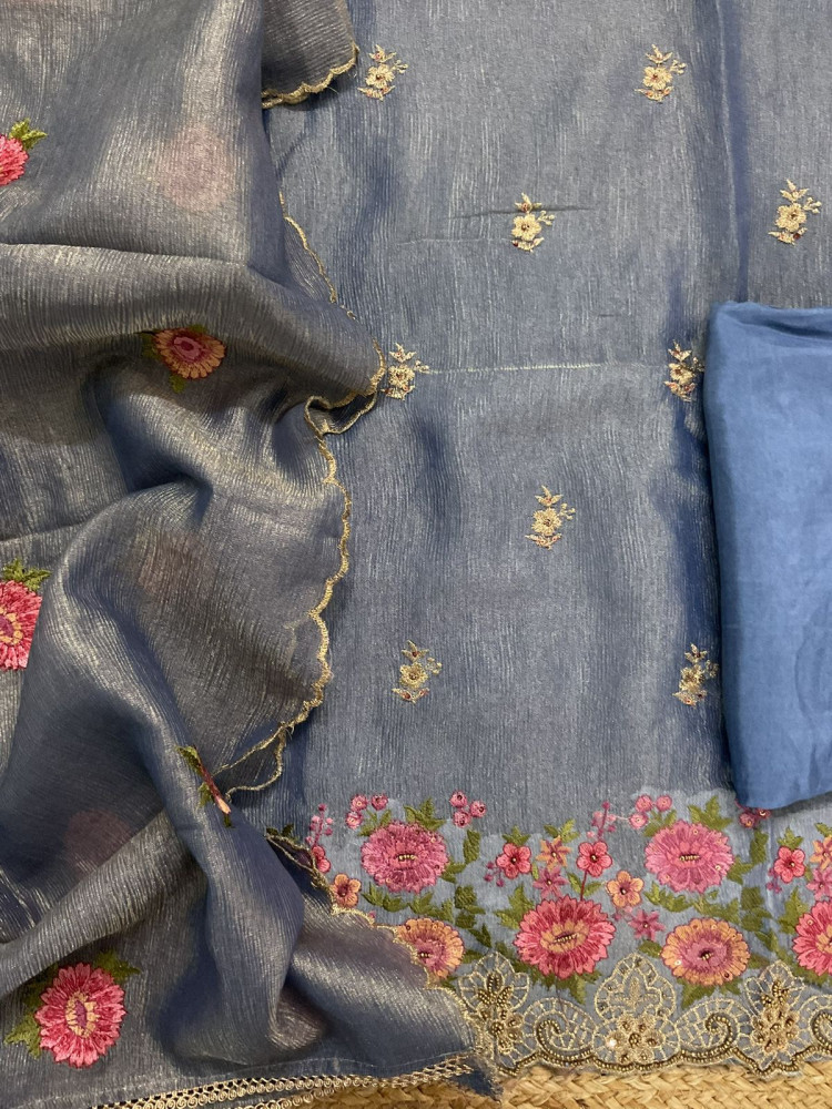 Image of Soft Crushed Tissue   Embroidered Suit - Blue