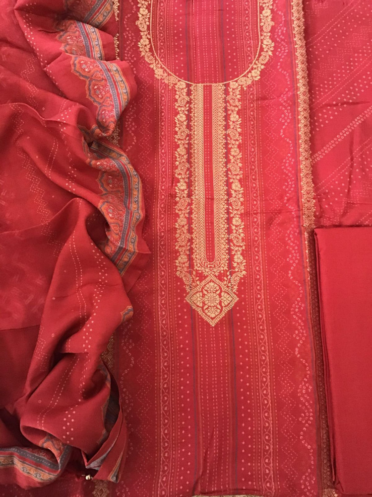 Image of Pure Upada Silk Printed Banarasi Weaved Suit - Red