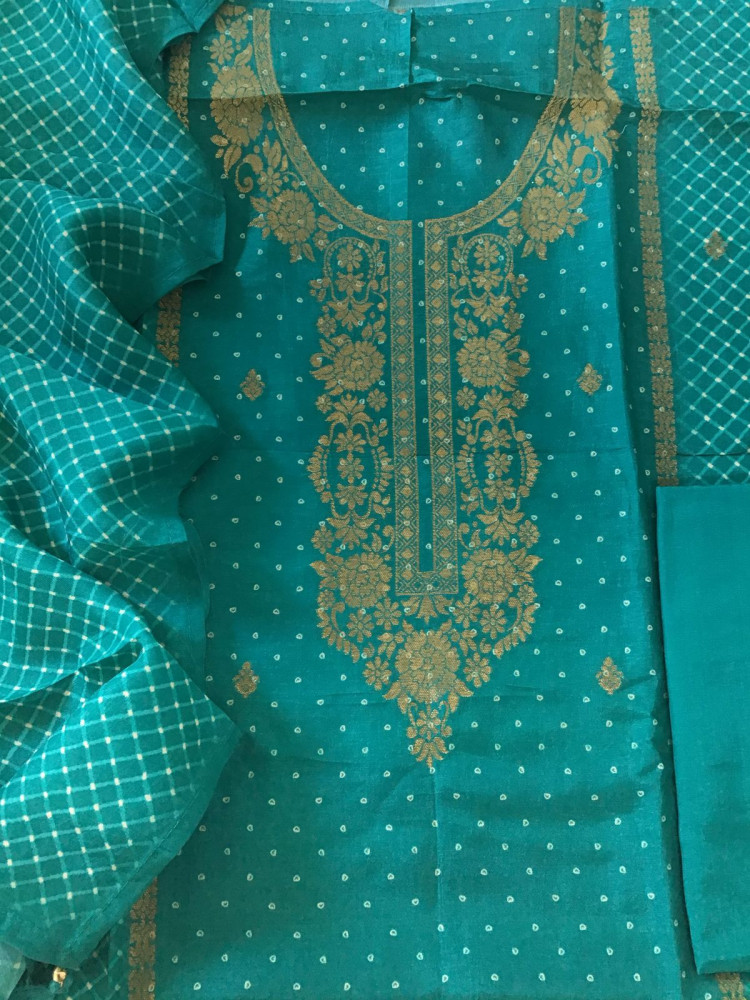 Image of Pure Upada Silk Printed Banarasi Weaved Suit - Blue