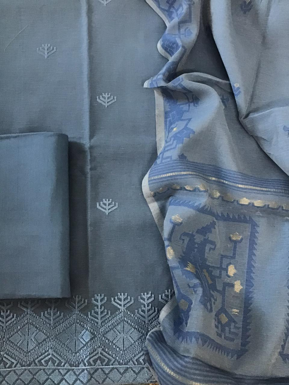 Soft Slub Chanderi Jamdani Weaved Embroidered Suit - Blue