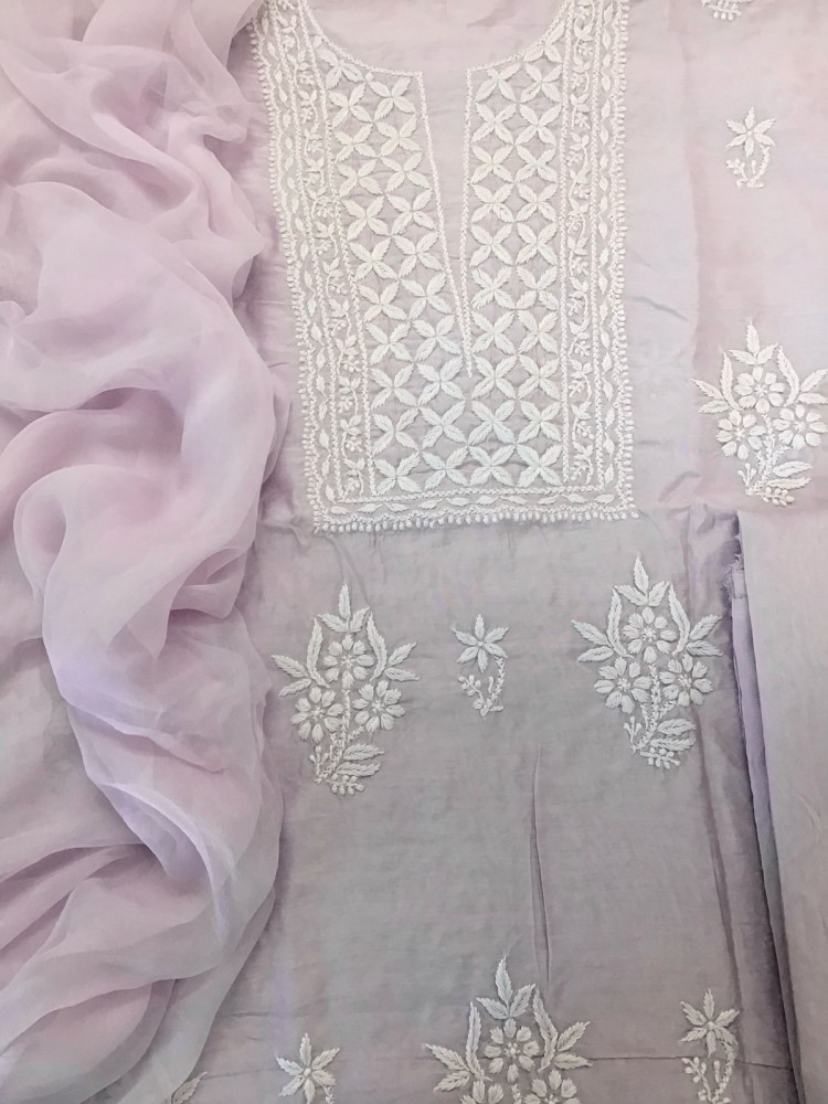 Image of Pure Chanderi Chikankari Work Suit - Lavender