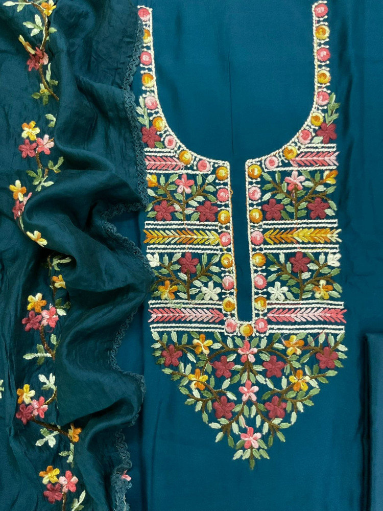 Image of Soft Muslin Embroidered Suit - Peacock Blue