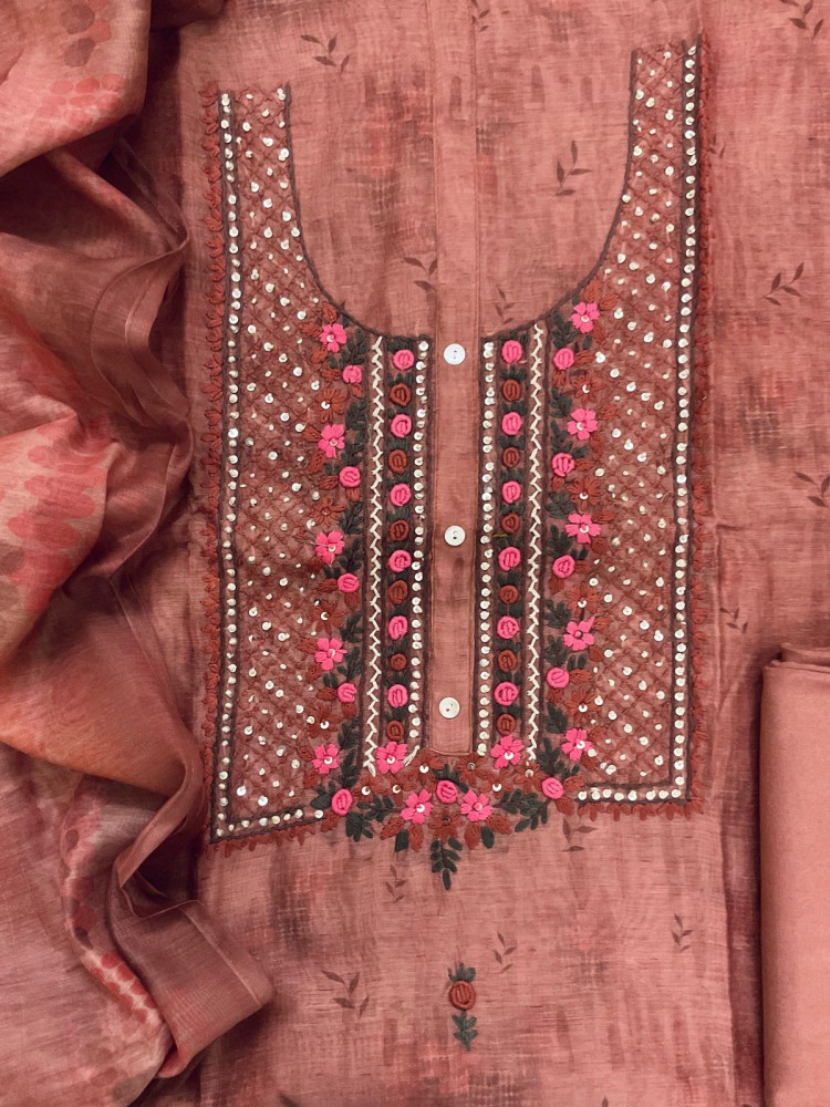 Image of Soft Kora Chanderi Printed Embroidered Suit - Brown