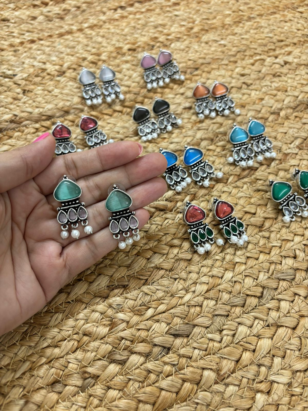 Metallic Silver Oxidised Earrings With Stone Settings - Sea Green