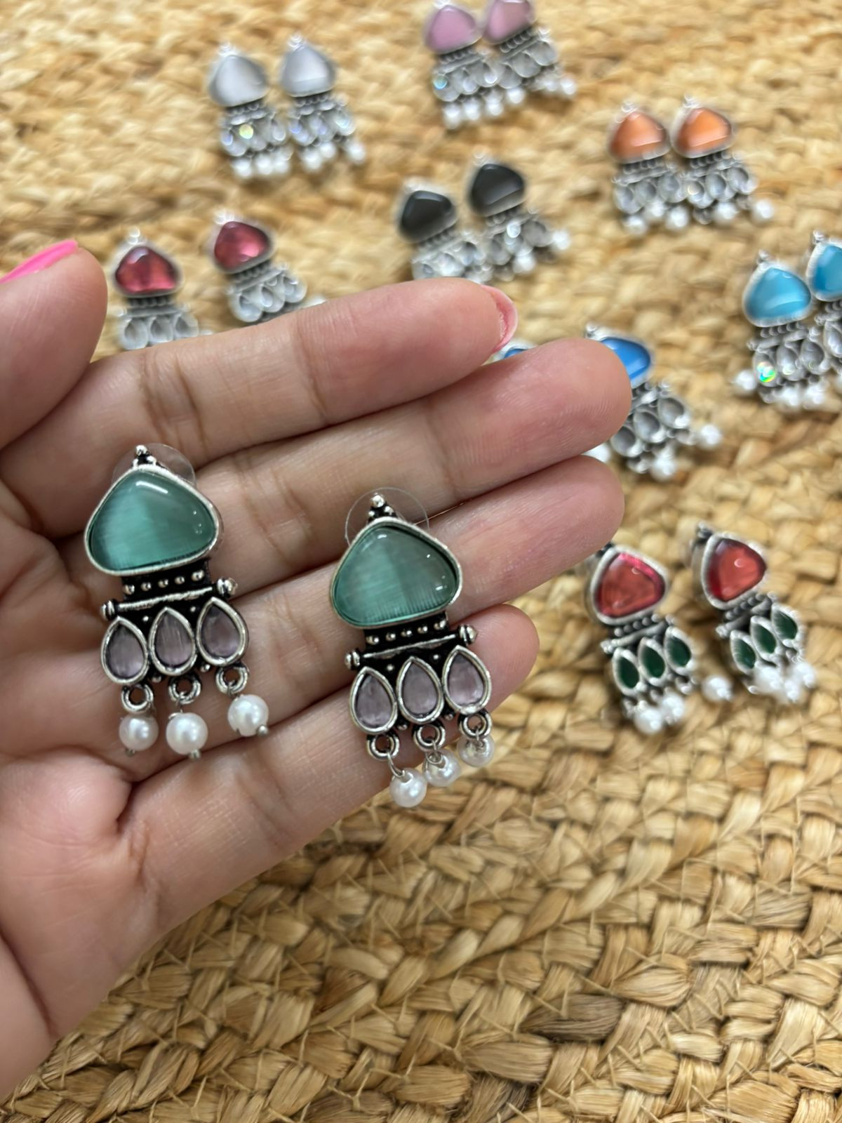 Metallic Silver Oxidised Earrings With Stone Settings - Sea Green