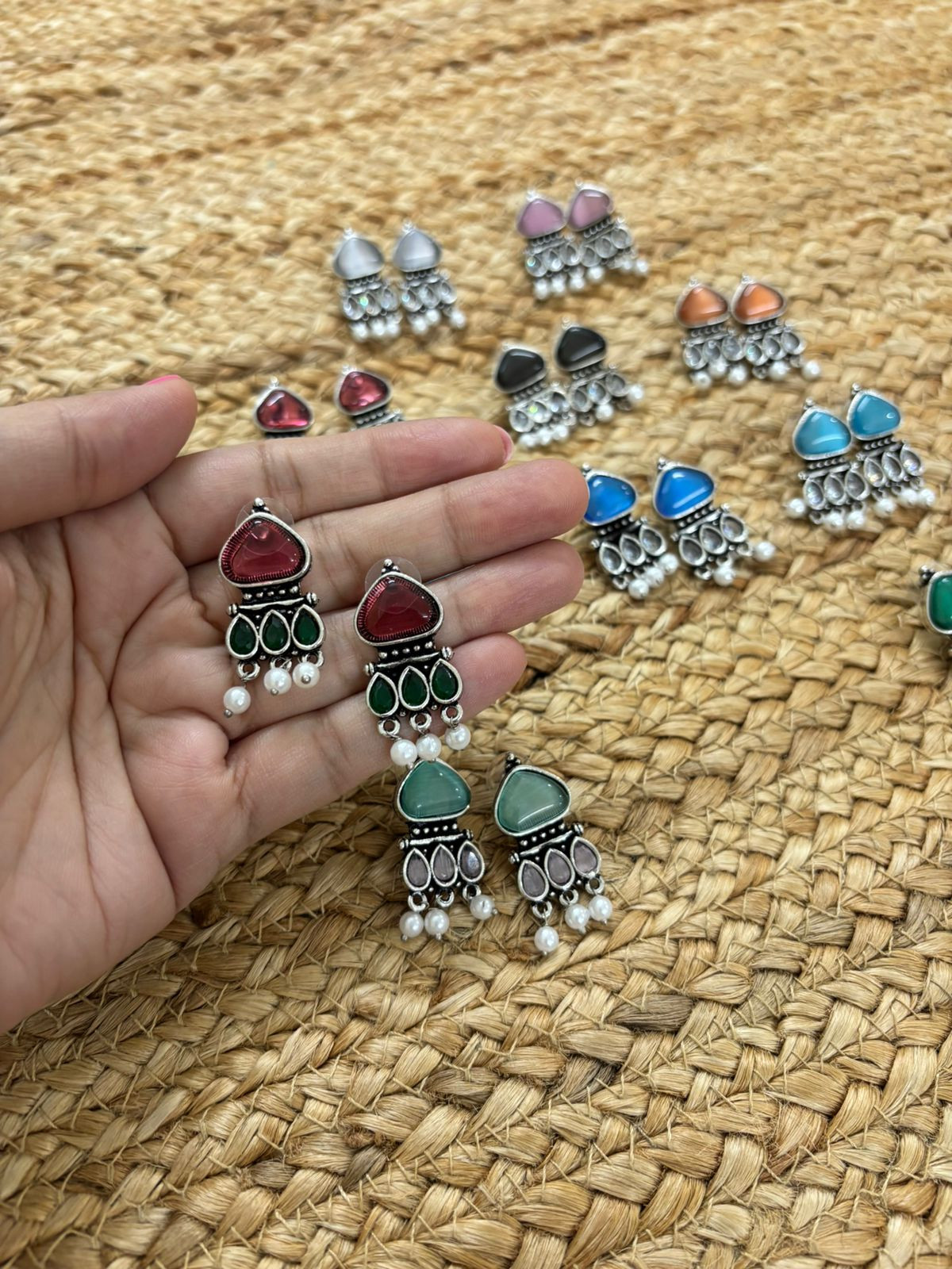 Metallic Silver Oxidised Earrings With Stone Settings - Red-Green