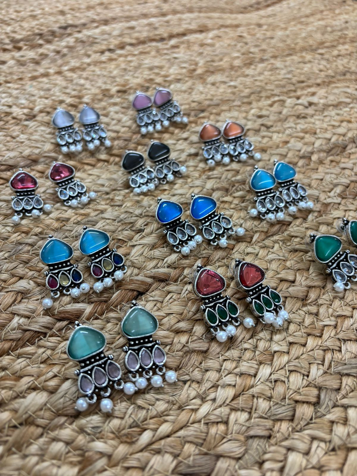 Metallic Silver Oxidised Earrings With Stone Settings - Red-Green