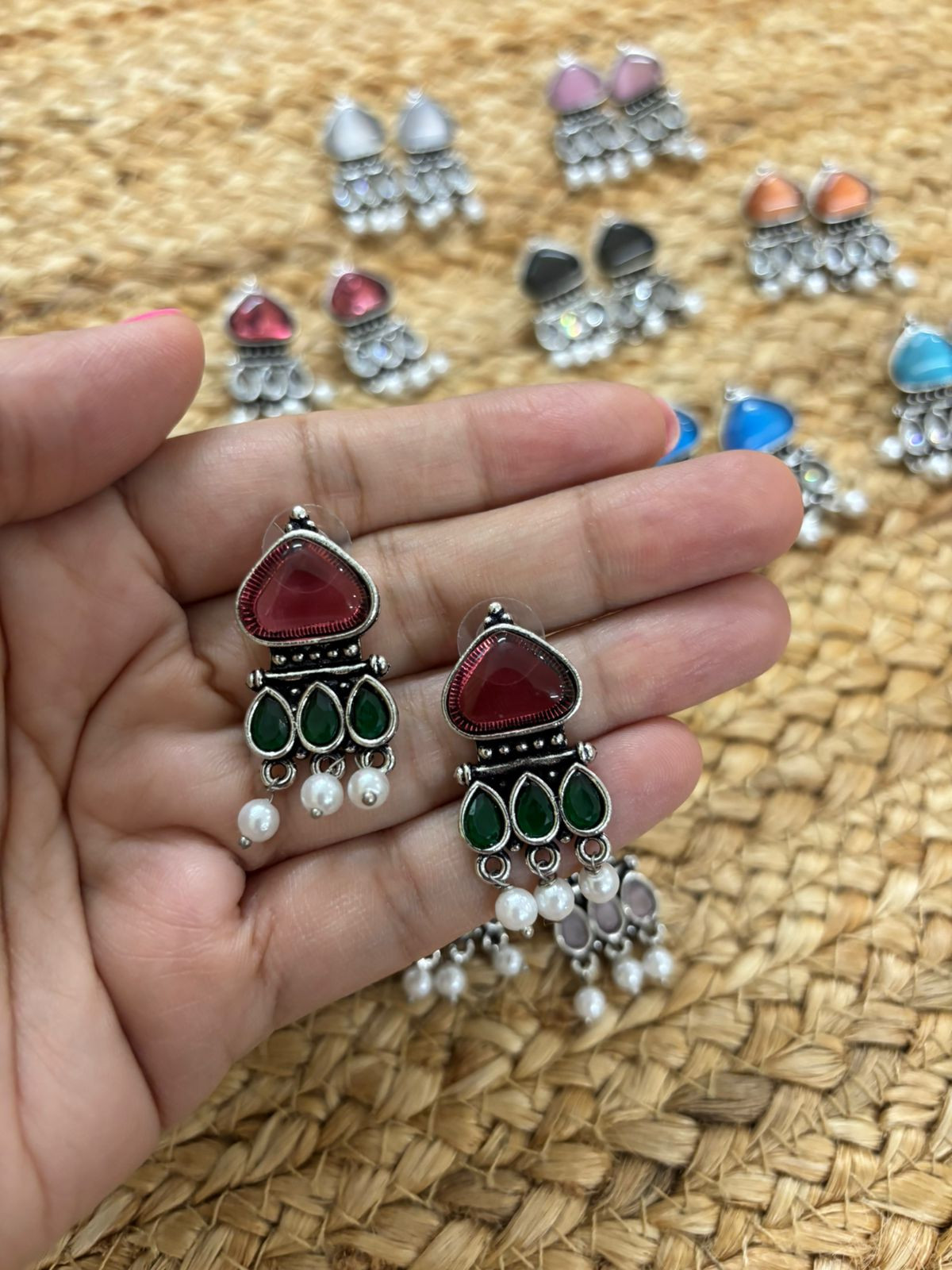 Metallic Silver Oxidised Earrings With Stone Settings - Red-Green
